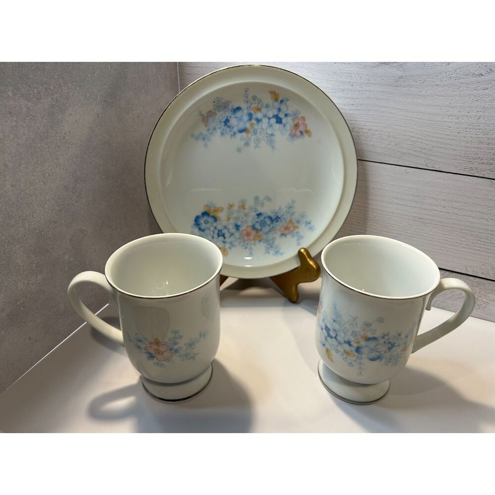 Blue Morn Fanci Florals Floral Porcelain Plate & 2 Mug Set 3 Pc Decorative